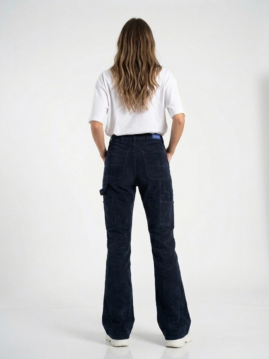 Navy Carpenter Corduroy Panel Flared Trousers-thumbmail-3