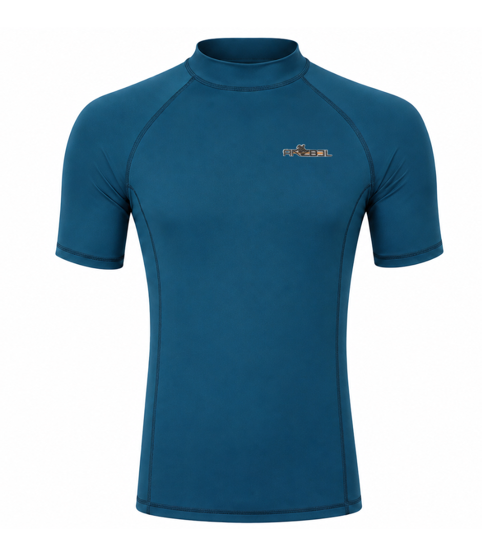 Blue short-sleeve shirt with a logo on a white background