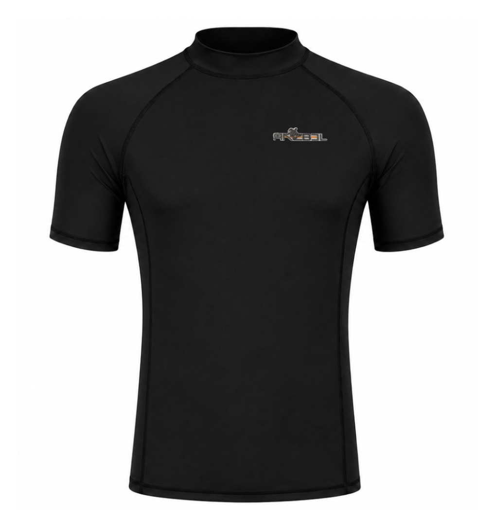 Black short-sleeve shirt with a logo on a white background