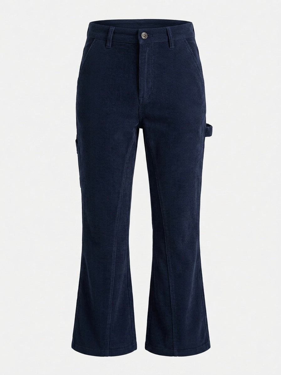Navy Carpenter Corduroy Panel Flared Trousers-thumbmail-7