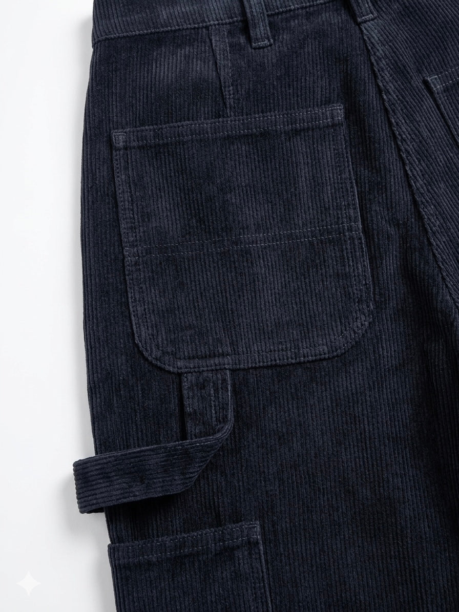 Navy Carpenter Corduroy Panel Flared Trousers-thumbmail-5