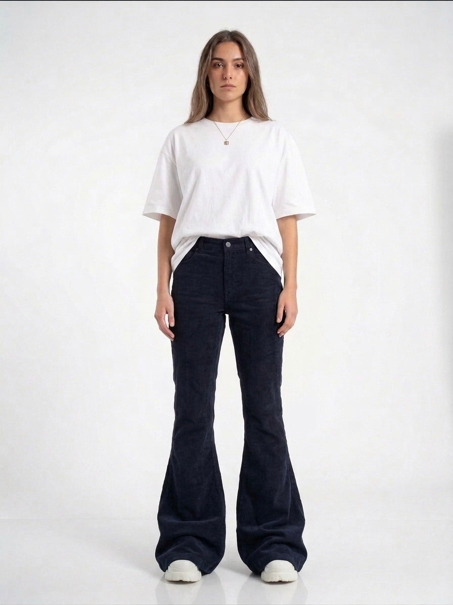 Navy Carpenter Corduroy Panel Flared Trousers