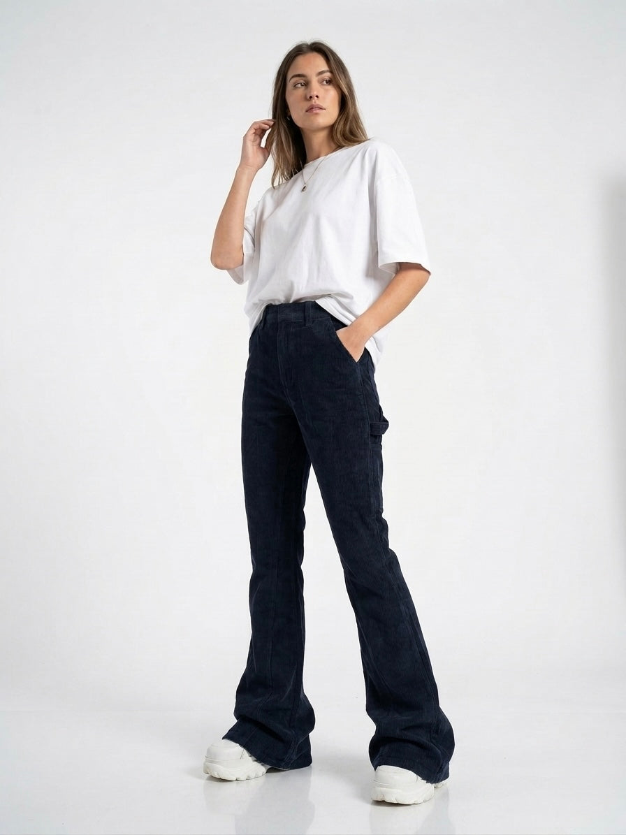 Navy Carpenter Corduroy Panel Flared Trousers